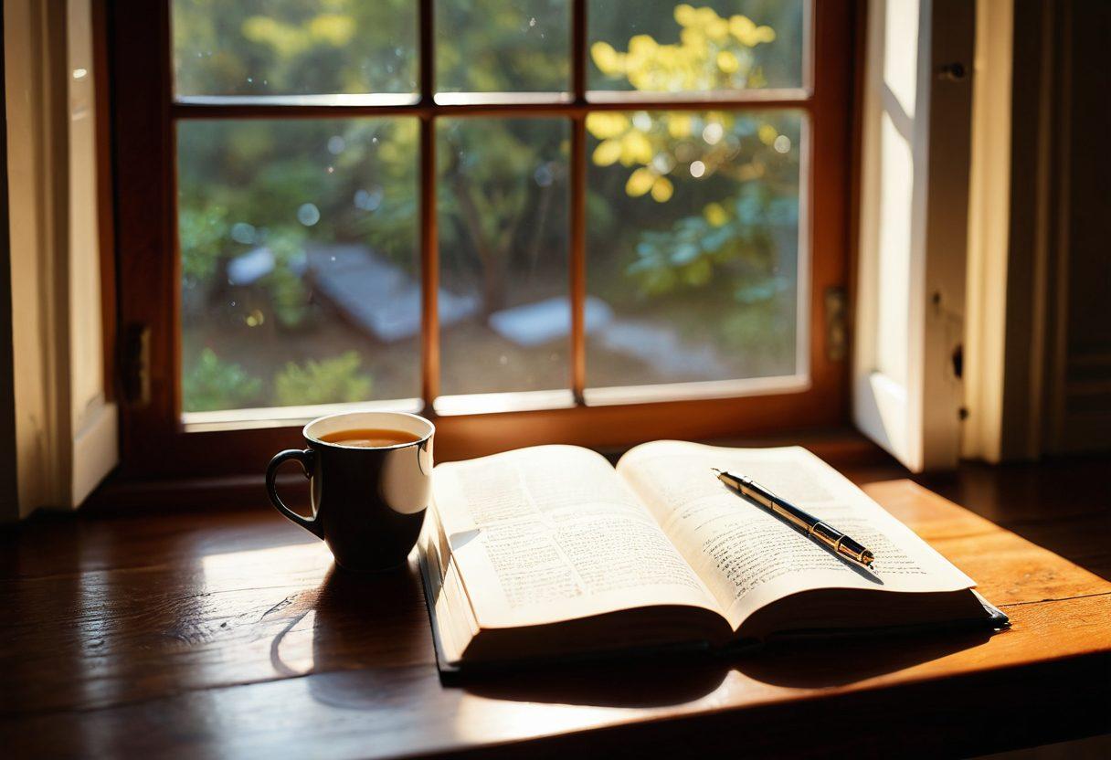 An open journal with pages filled with handwritten thoughts, surrounded by a warm glowing light. A serene landscape is visible through a nearby window, where soft sunlight casts gentle shadows. Include a steaming cup of tea or coffee beside the journal, symbolizing comfort and introspection. Floating dream-like imagery of a person reflecting on their journey unfolds in the background. super-realistic. warm colors. soft focus.