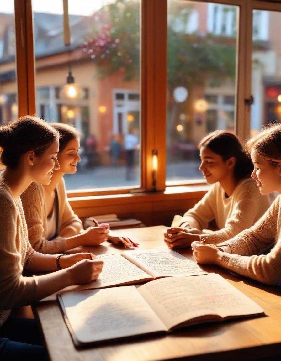 An open journal with vibrant pages filled with handwritten reflections, surrounded by a diverse group of people sharing their thoughts in a cozy café setting. Soft light filters through a window, illuminating their engaged faces, symbolizing connection and understanding. Include sketch-like illustrations floating above them representing empathy and social skills. warm colors. inviting atmosphere. painting.