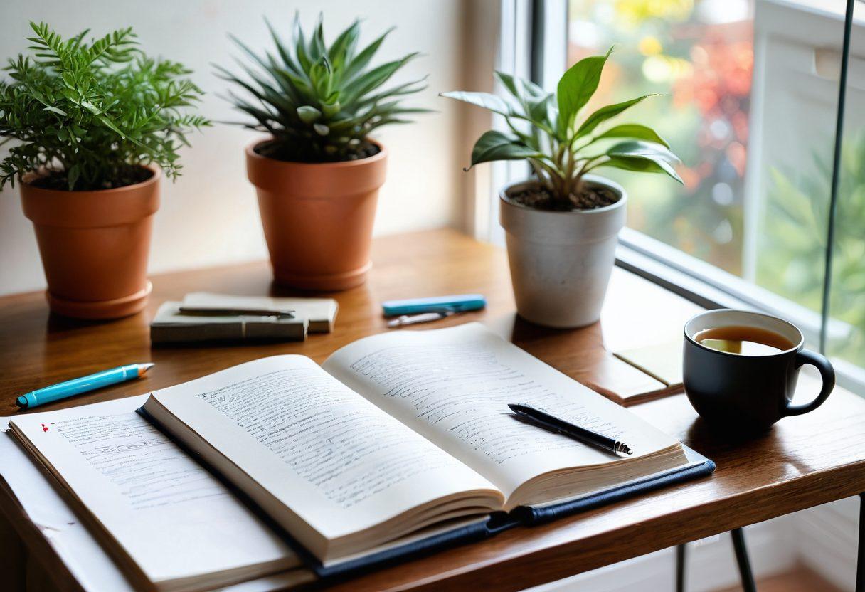 A serene and inviting workspace featuring an open journal with handwritten notes and colorful pens scattered around. A steaming cup of herbal tea sits beside the journal, while a soft, warm light filters through a nearby window, illuminating the room. In the background, a potted plant symbolizes growth, and an inspiring quote is framed on the wall. The overall atmosphere conveys tranquility and self-reflection. soft lighting. watercolor style. vibrant colors. calming ambiance.